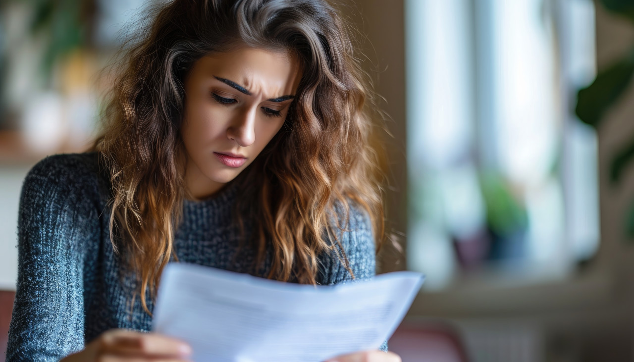 Concerned woman reads her bank statement letter, debt acceptance concept