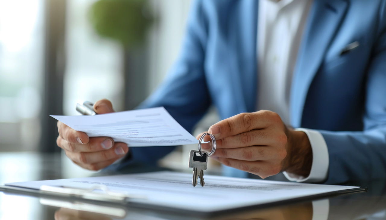 Real estate agent hands keys to customer signifying the successful, debt acceptance concept