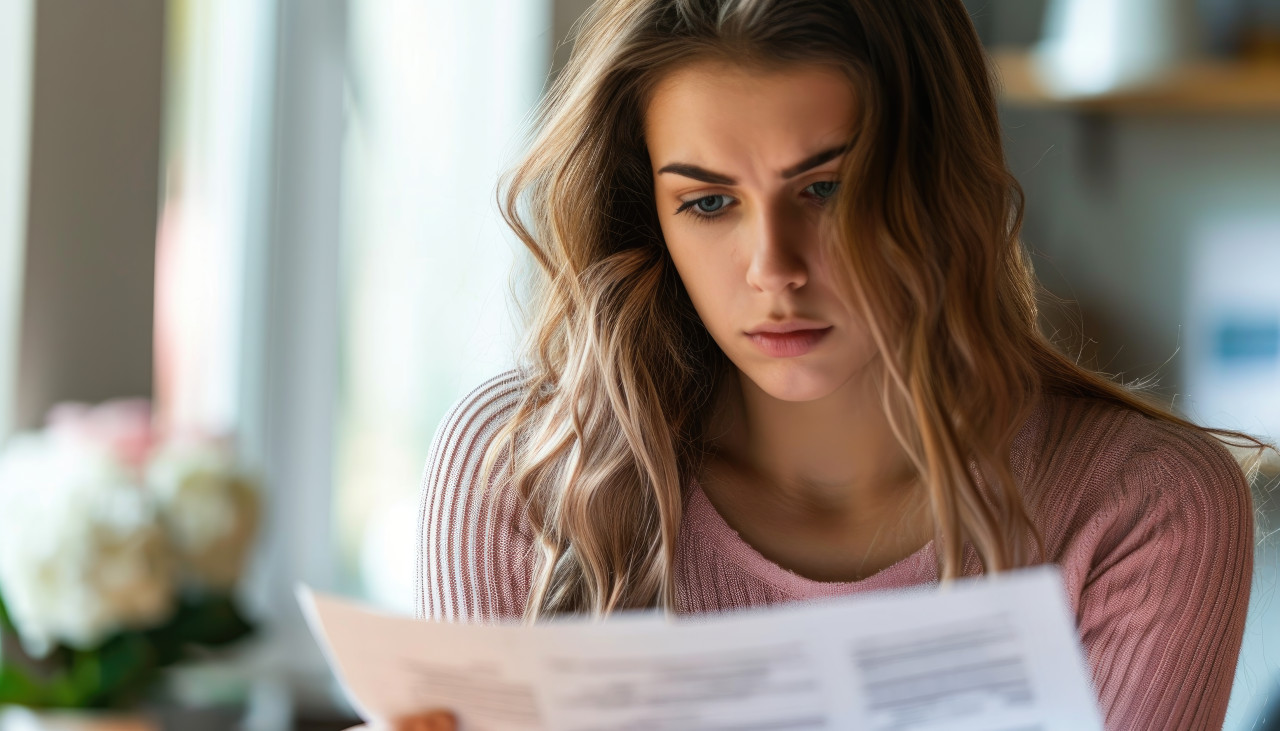 Concerned woman reads bank statement letter about finances and future financial situation, debt acceptance photo