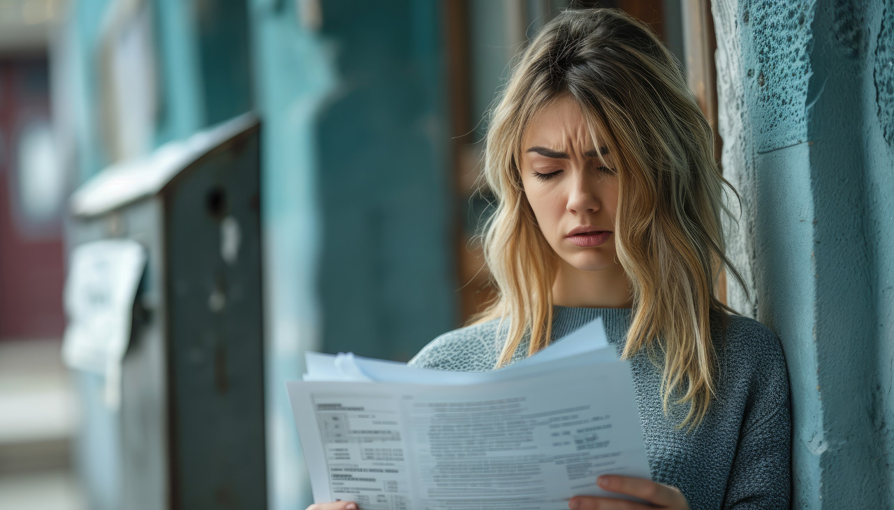 Upset woman by postbox saddened by bad news and bills received in a letter, debt acceptance image