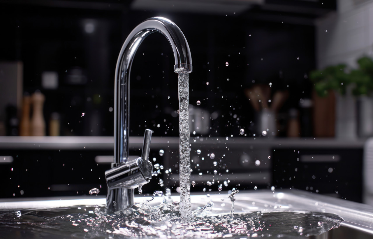 The kitchen faucet sinking with water, clean water access concept