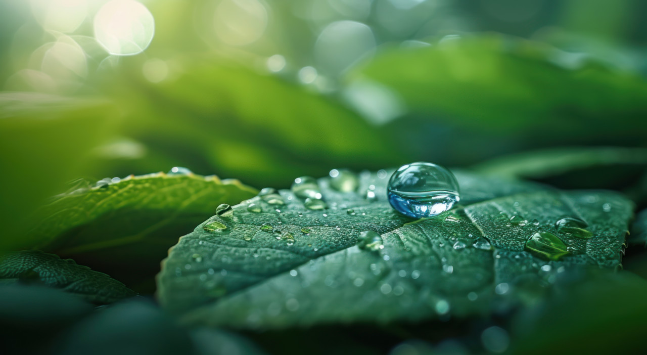 Clear water droplet rests on a green leaf, water conservation image