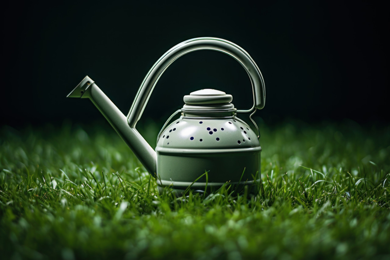 Garden watering can on grass ready for plant care, water conservation picture