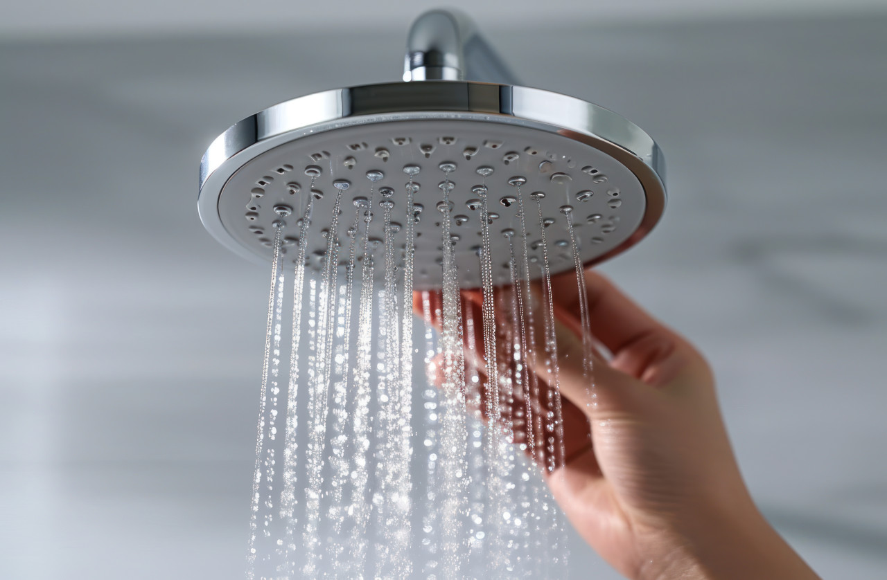 Hand holding shower head for a refreshing bath, water conservation concept