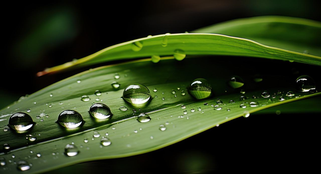 Clear water droplet rests on a bamboo leaf, nature and water concept