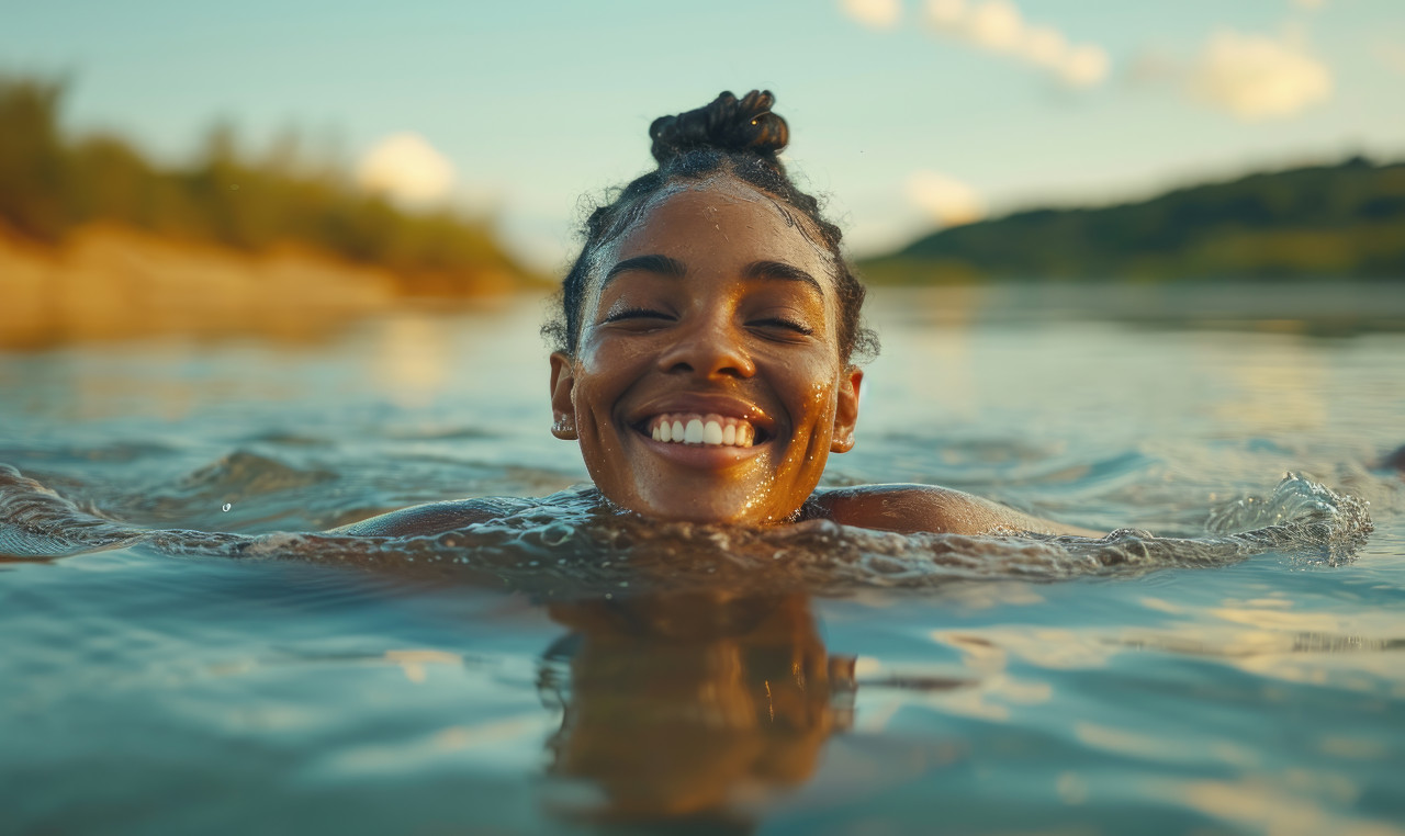 Happy woman swimming joyfully in the lake enjoying the refreshing water, diverse water uses concept
