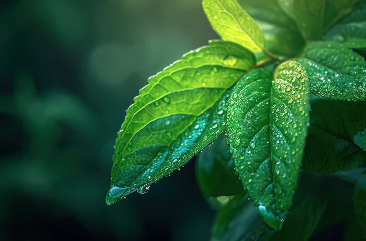 Green leaf with water drop, nature and water image