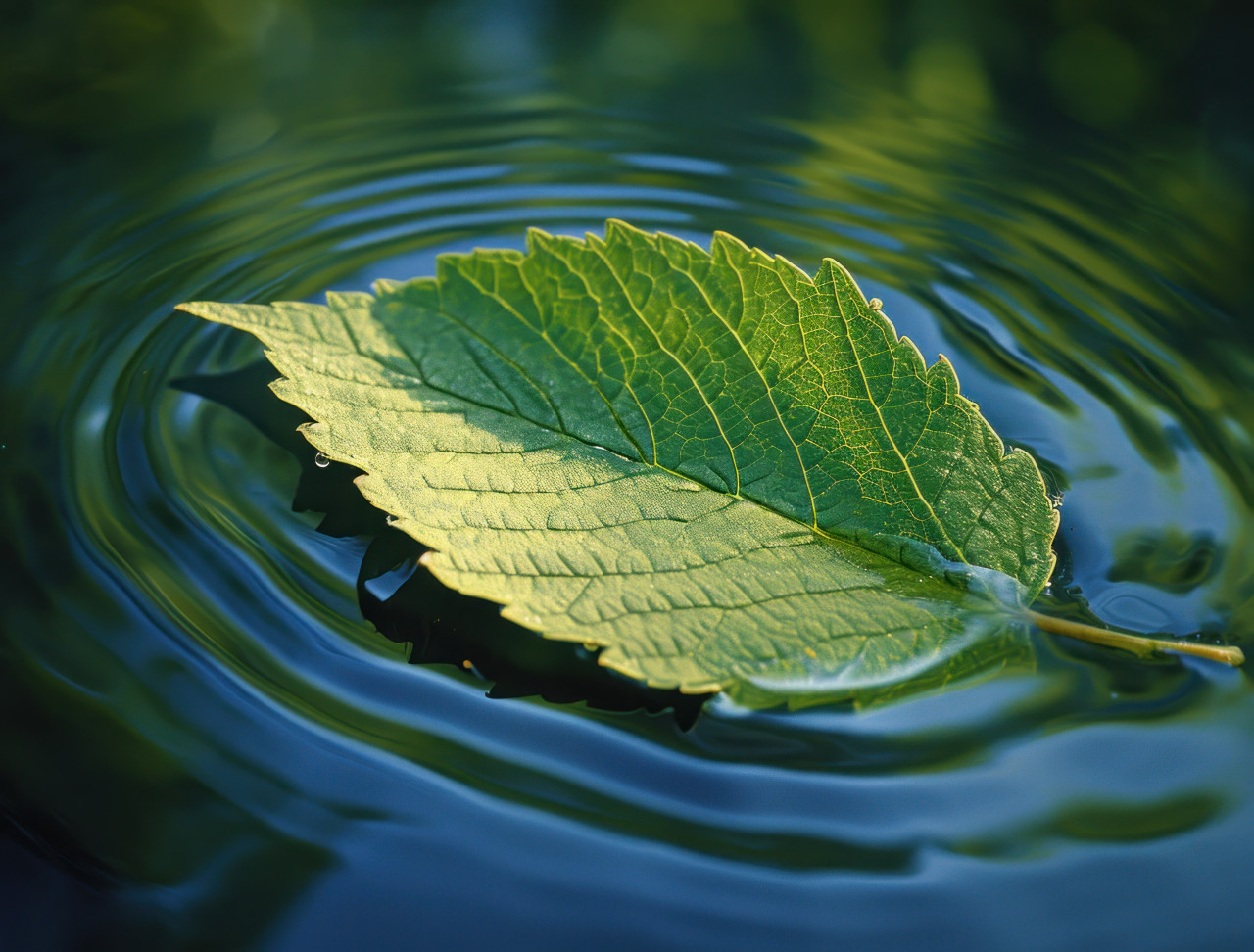Green leaf floats on wavy water surface, nature and water picture