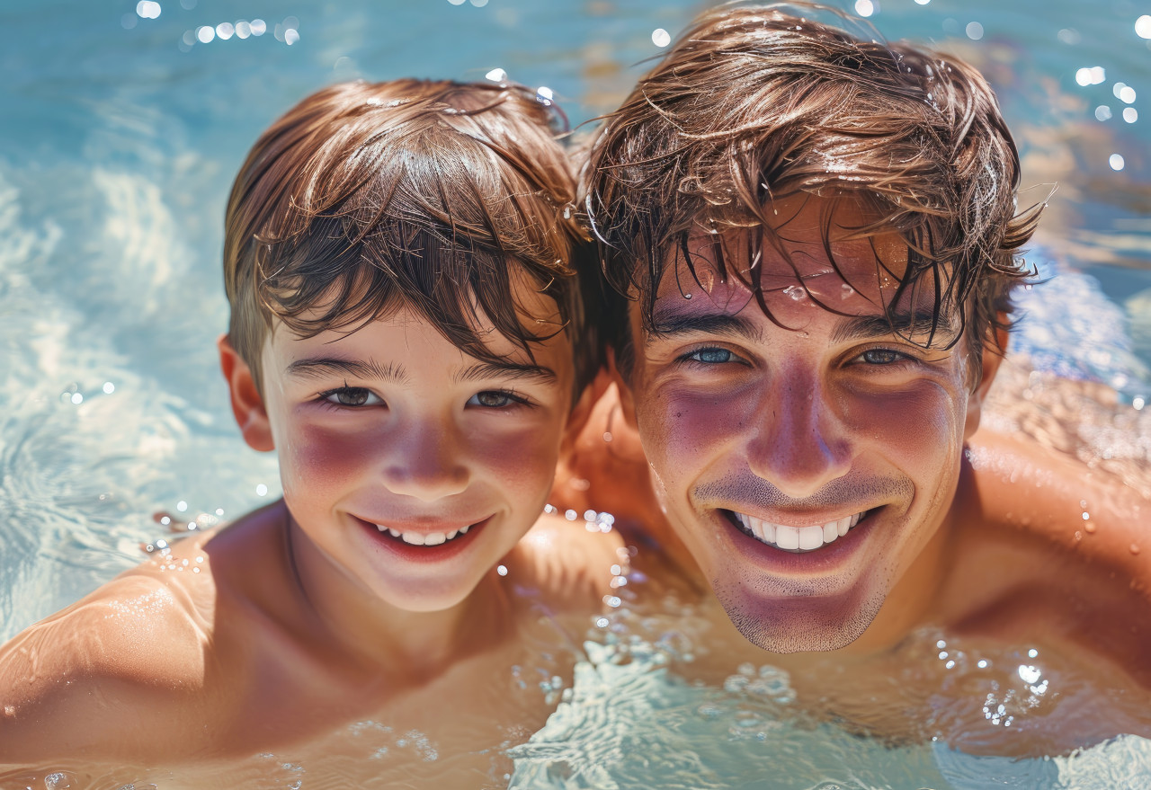 Happy father and son smiling in the pool enjoying a fun day together with laughter and joy, diverse water uses concept