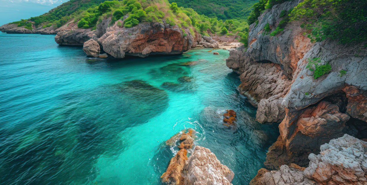 Rocky area near beautiful blue water, nature and water picture