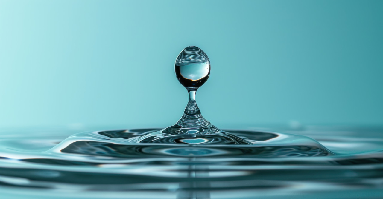 A clear water droplet on a smooth blue surface, children and water image