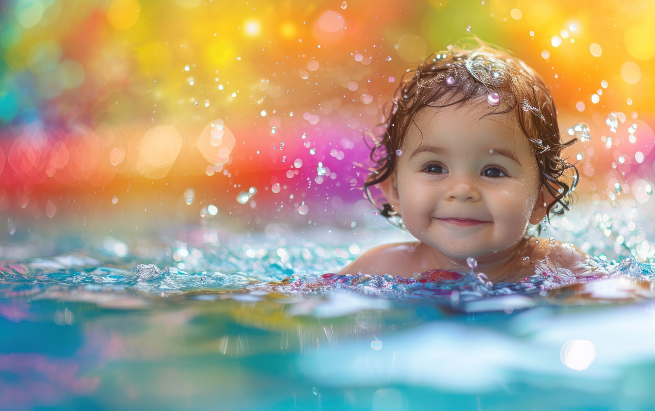 Happy toddler playing joyfully in the pool, children and water picture