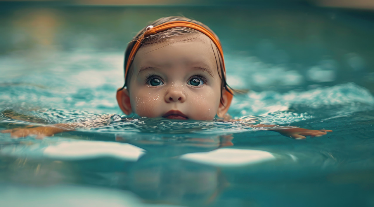A baby girl having fun in the pool, children and water image