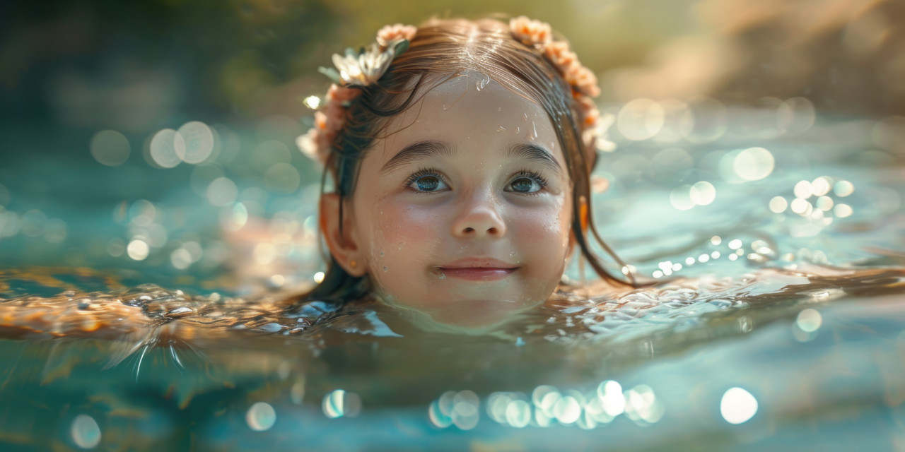 Little girl joyfully swimming in the pool, children and water photo