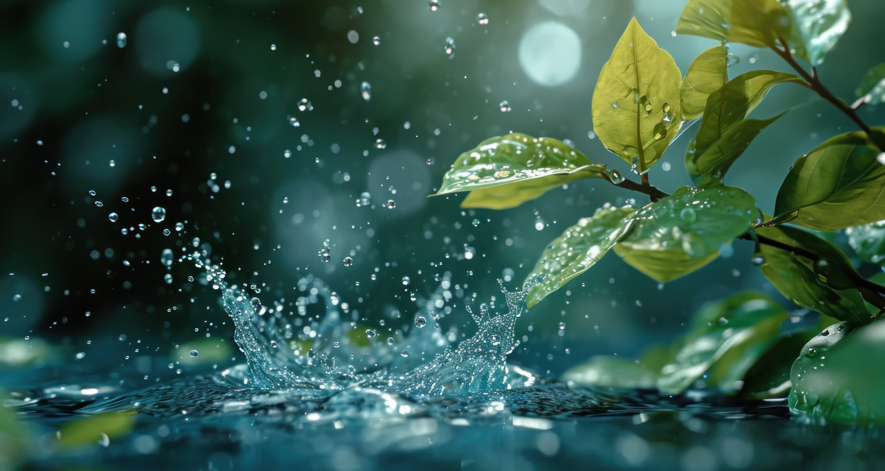 Water splashes gracefully on green leaves, children and water picture