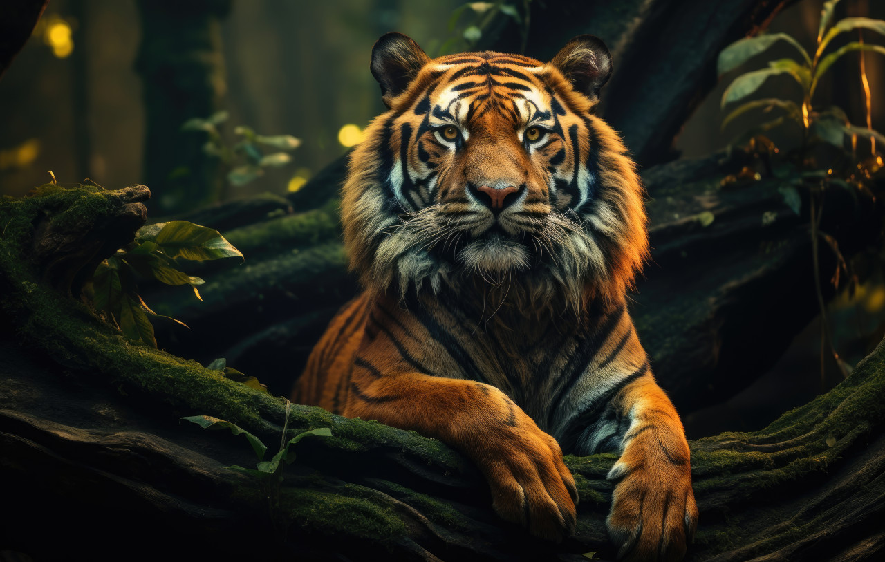 Majestic tiger sitting in the forest, majestic big cats concept