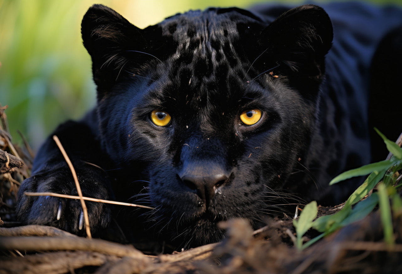 A powerful black panther peacefully resting in the green grass, majestic big cats photo