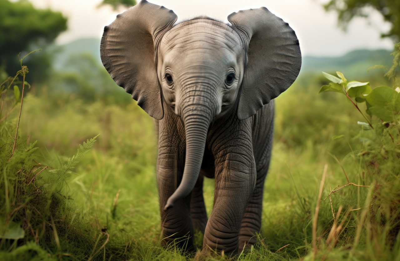 Baby elephant walks on lush green grass, baby wild animals concept