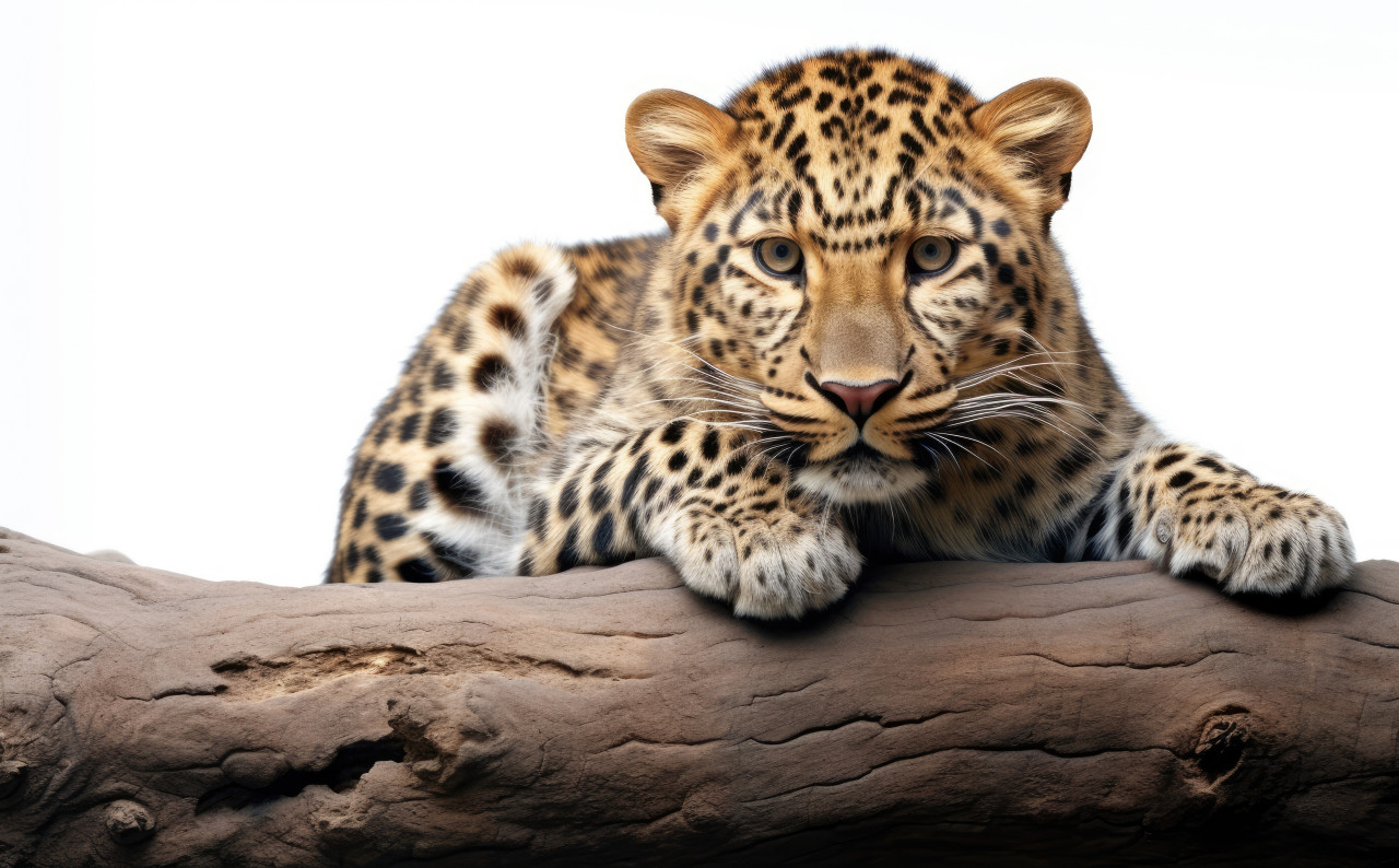 Leopard sitting on branch against a white background, majestic big cats concept