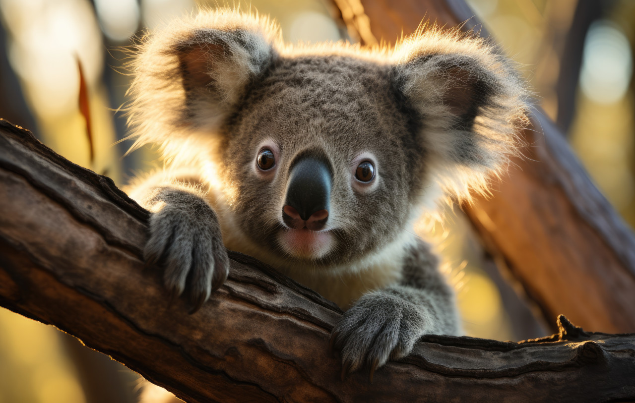 Adorable koala bear on a tree branch, baby wild animals photo