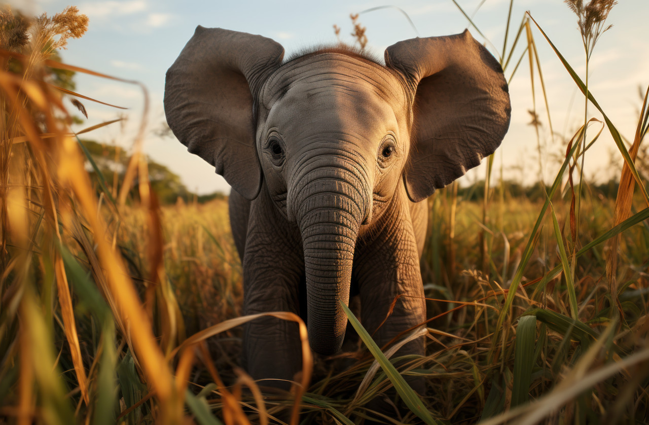 Baby elephant walks through tall grass, baby wild animals concept