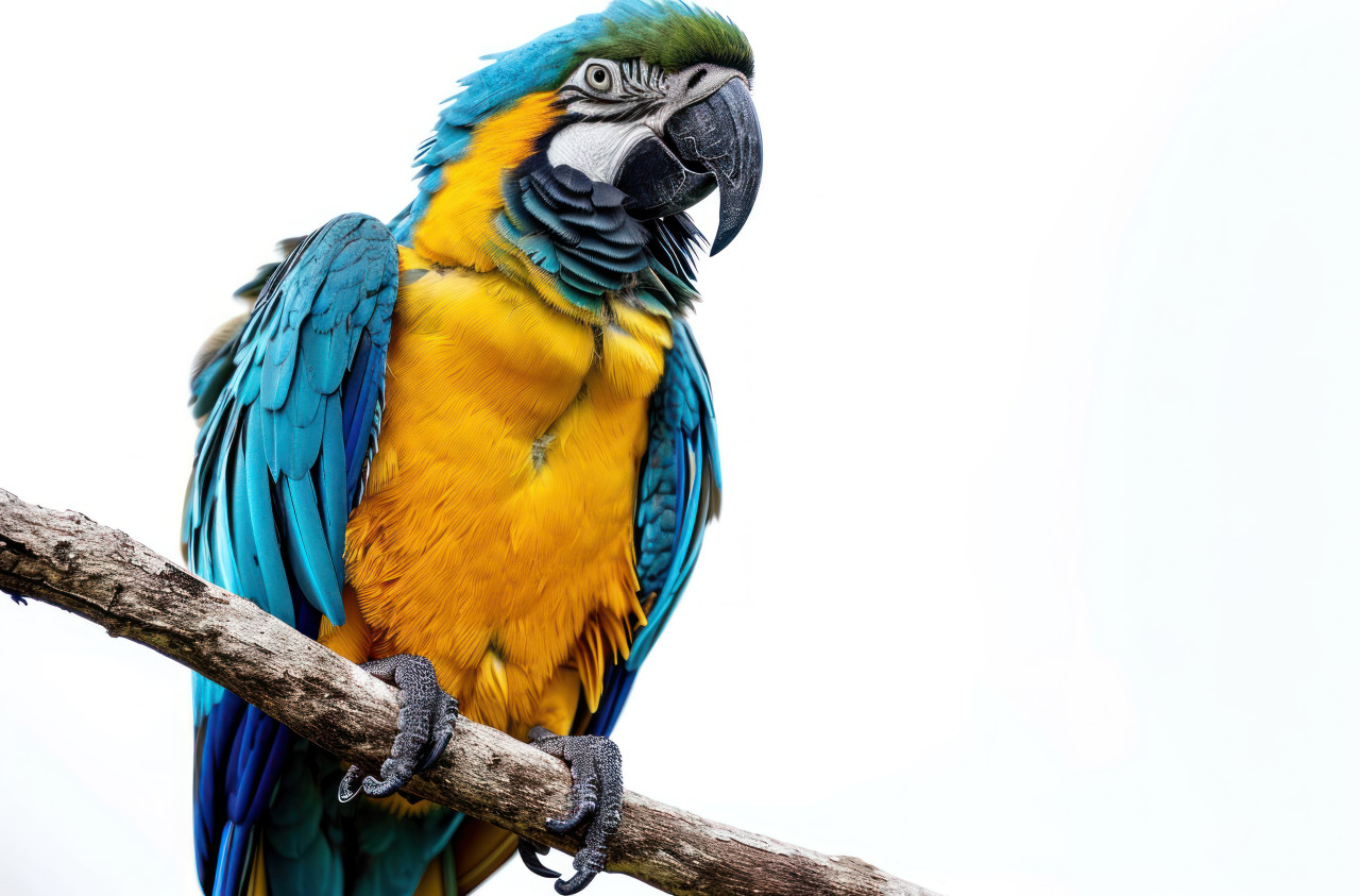 Blue and yellow parrot perched on a branch against a white background, colorful tropical birds picture