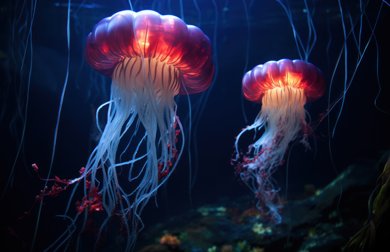 Two jellyfish swim in the dark water, underwater marine life picture