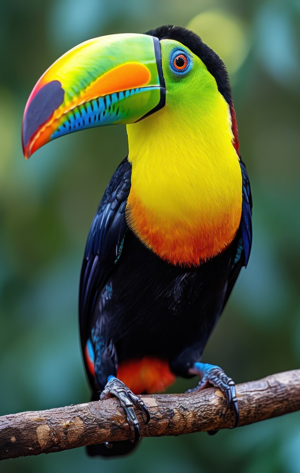 A colorful toucan bird perches on a branch, colorful tropical birds concept