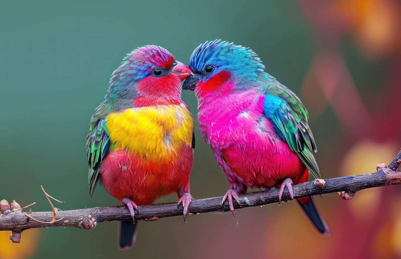 Two colorful birds touching faces on a branch, colorful tropical birds picture