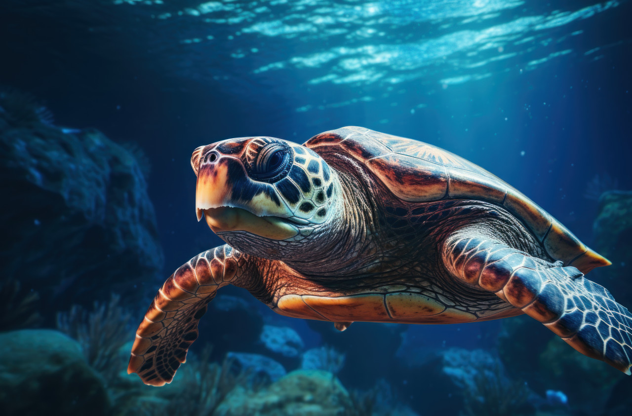 Sea turtle swimming under blue waters, underwater marine life image