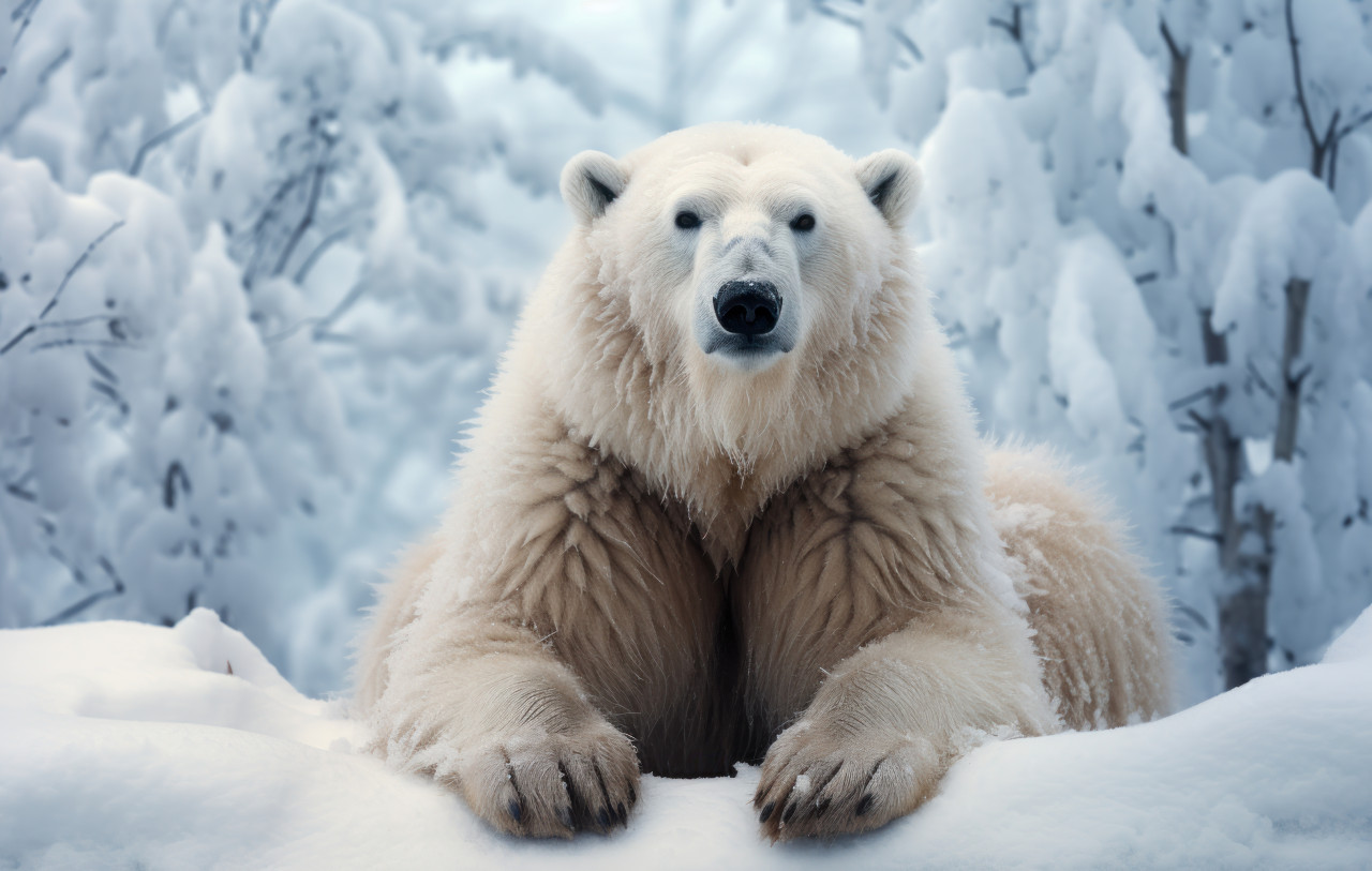 Majestic male polar bear sits in a snow, bears and arctic wildlife picture