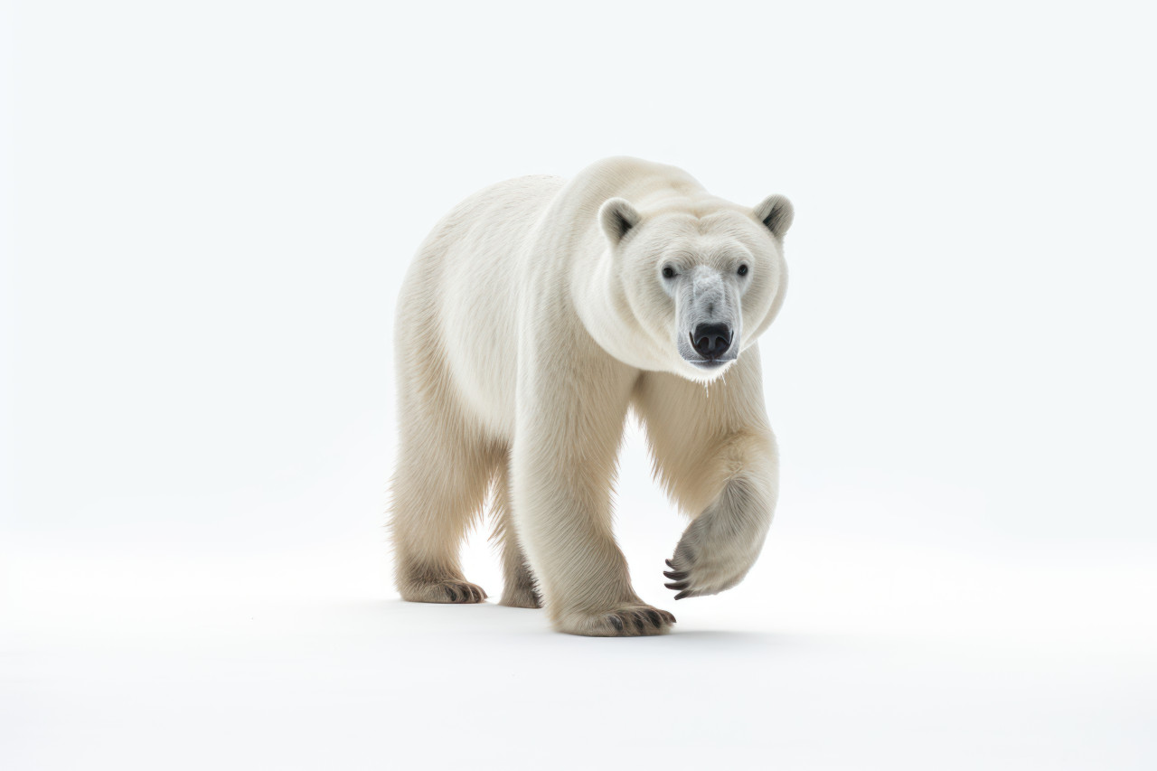 Polar bear walking against white background, bears and arctic wildlife picture