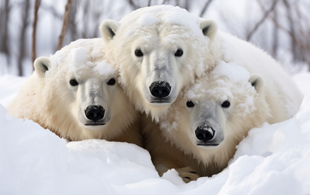 Three female polar bears sitting gracefully in the snow, bears and arctic wildlife photo