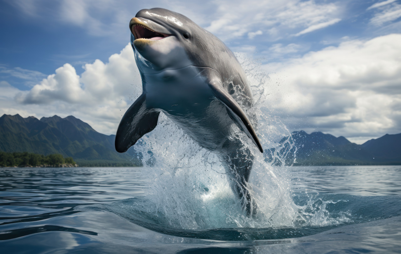 Dolphin jumps high in crystal clear blue water, dolphins and whales photo
