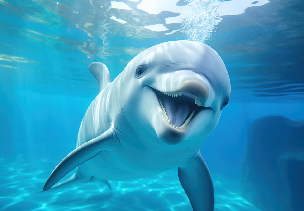 Dolphin gracefully swimming in a blue swimming pool, dolphins and whales photo