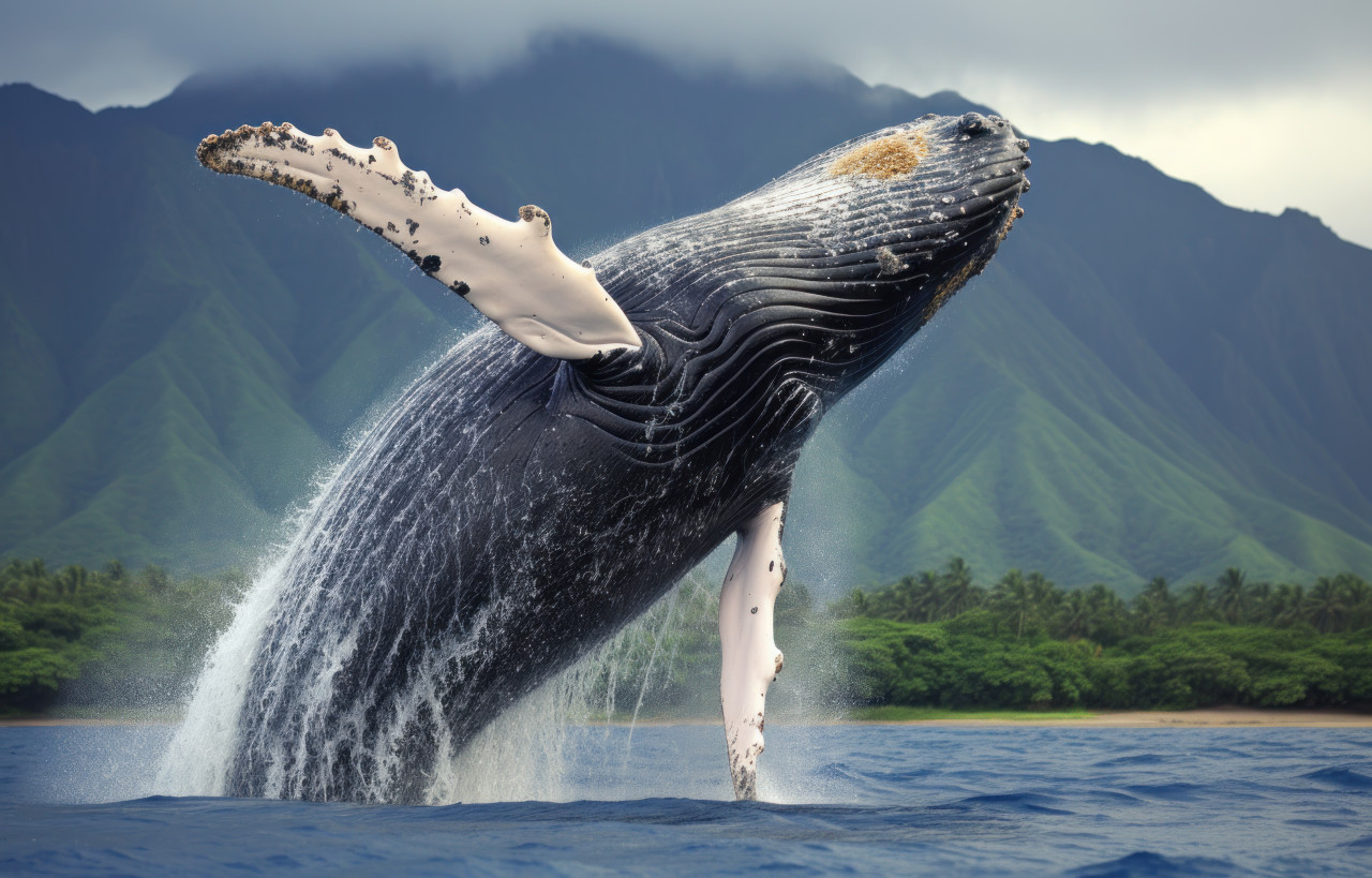 A humpback whale jumps out of the water, dolphins and whales concept