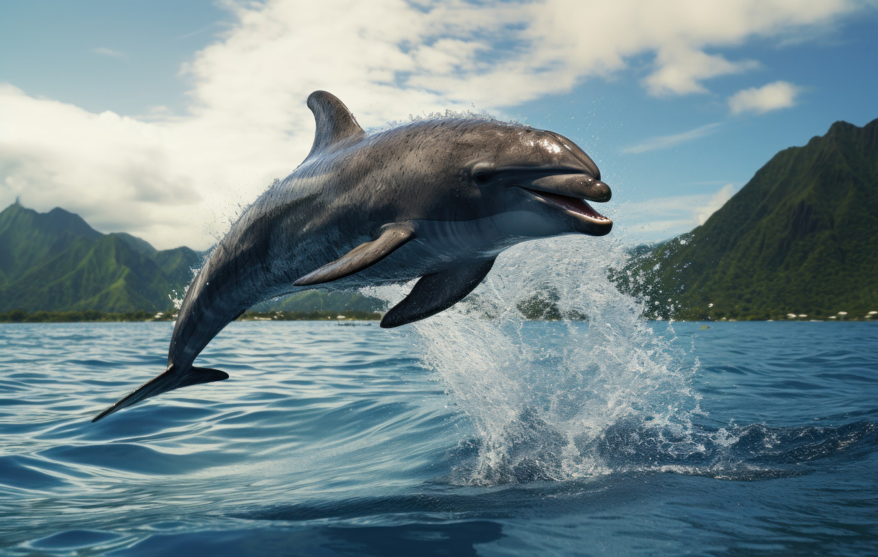 Playful dolphin jumping out of crystal blue water, dolphins and whales image