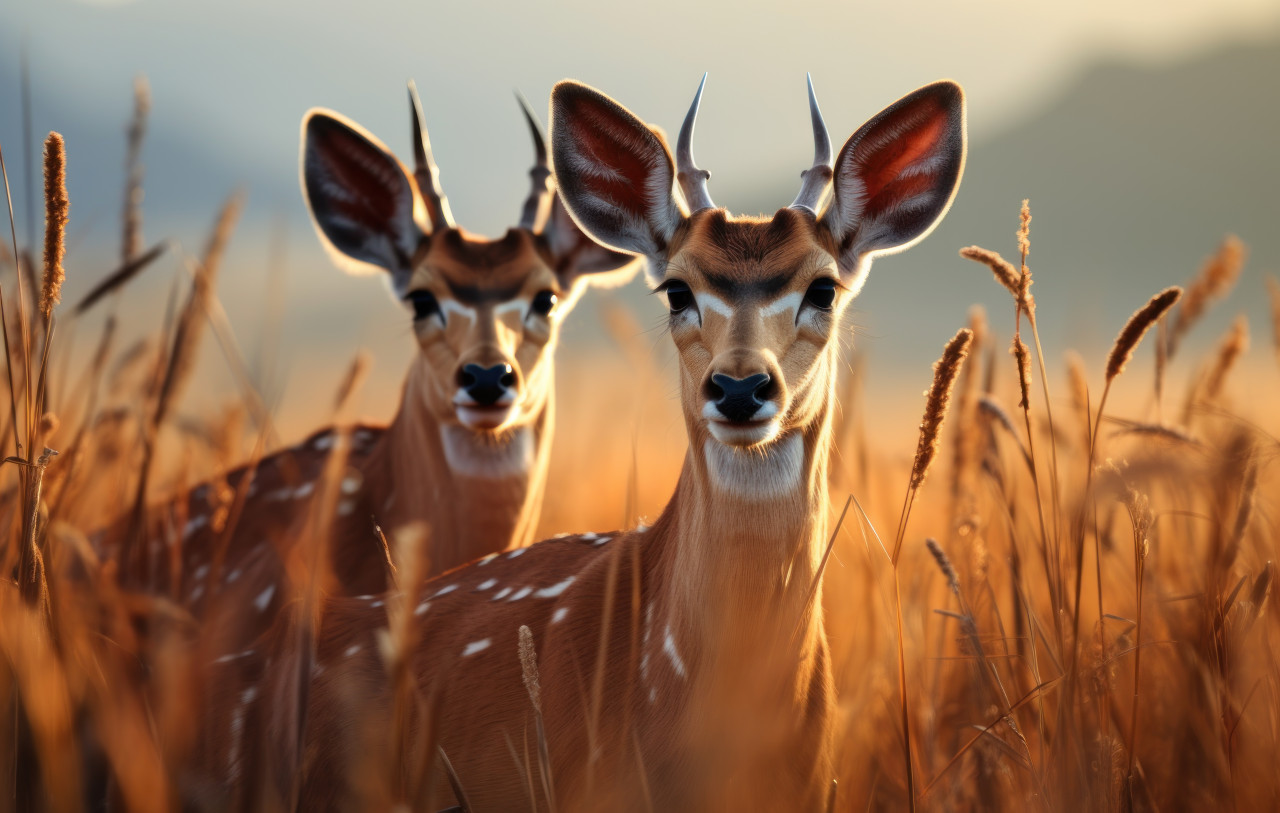 Two gazelles standing gracefully in a grassland, gazelles and antelopes concept