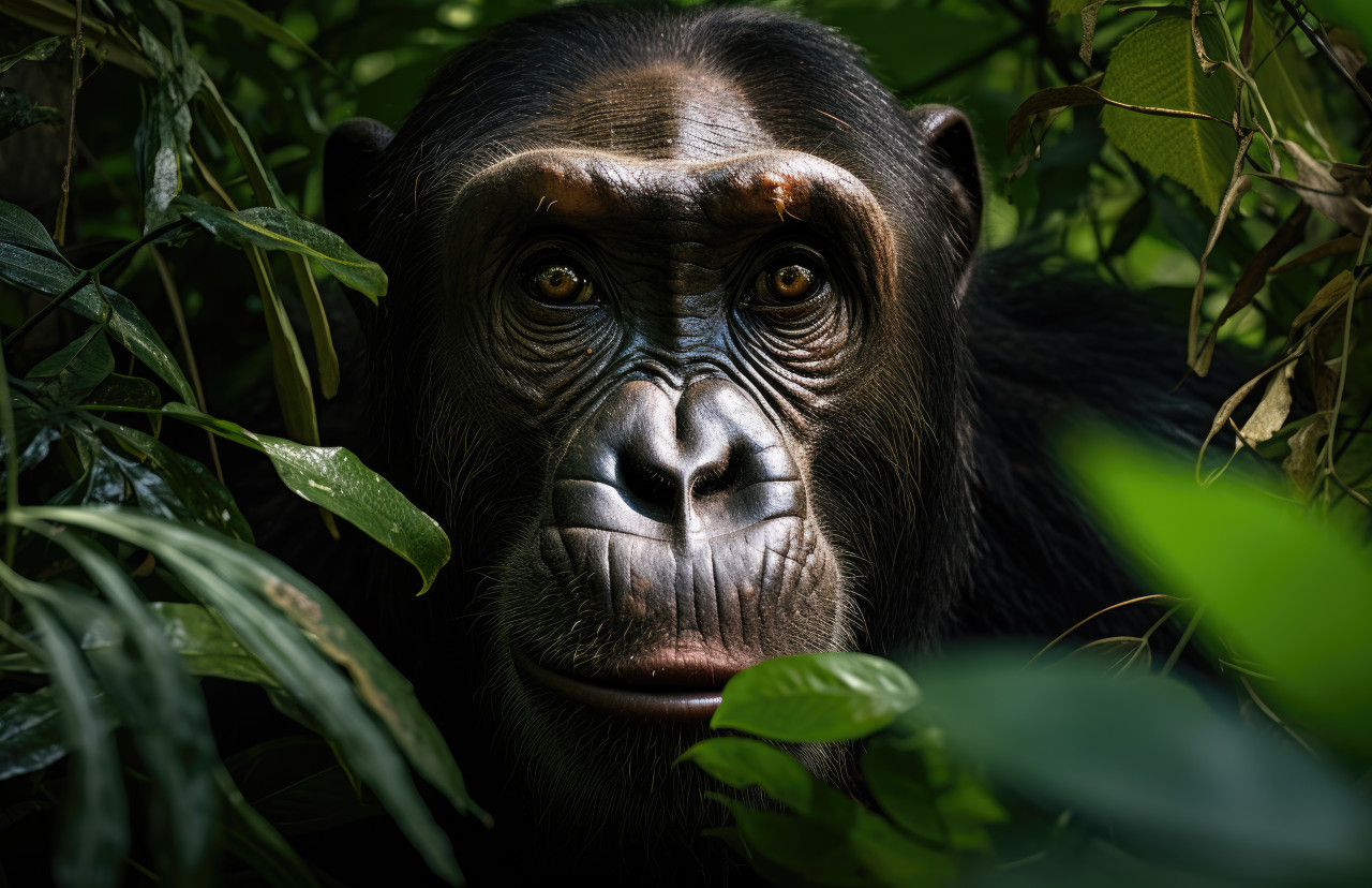 A chimpanzee in the lush jungle, monkeys and primates concept