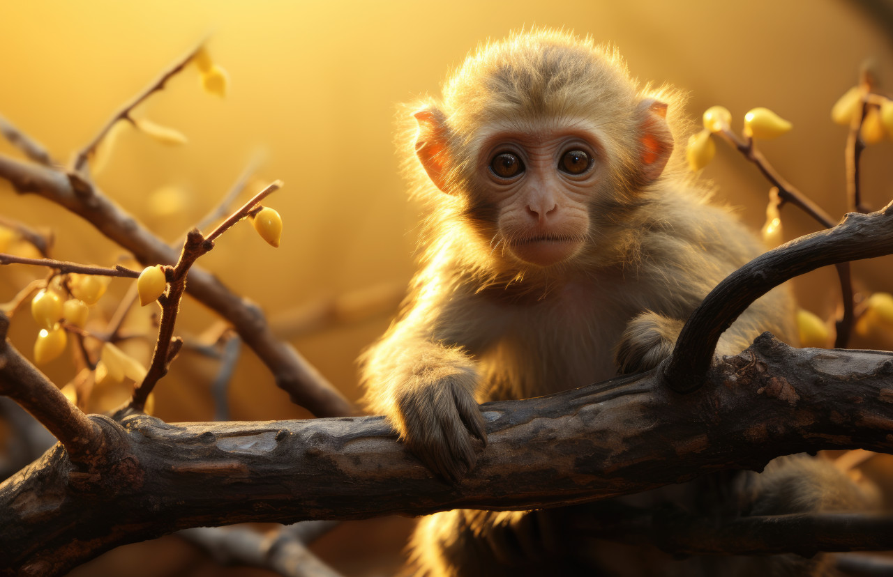 Cute monkey perched on a tree branch, monkeys and primates concept
