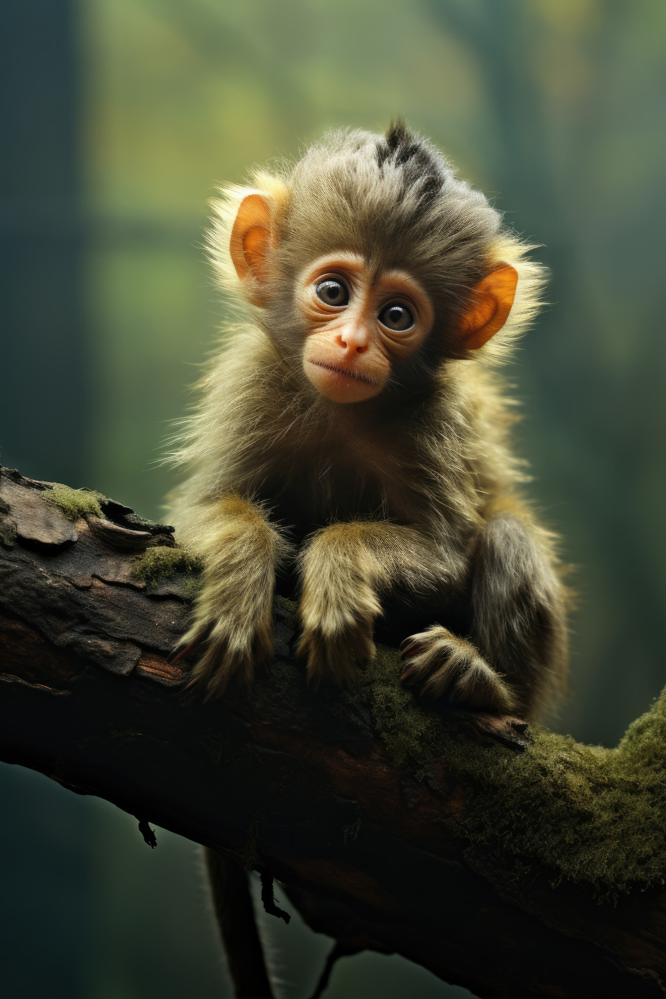 Baby monkey perched on a forest branch, monkeys and primates picture