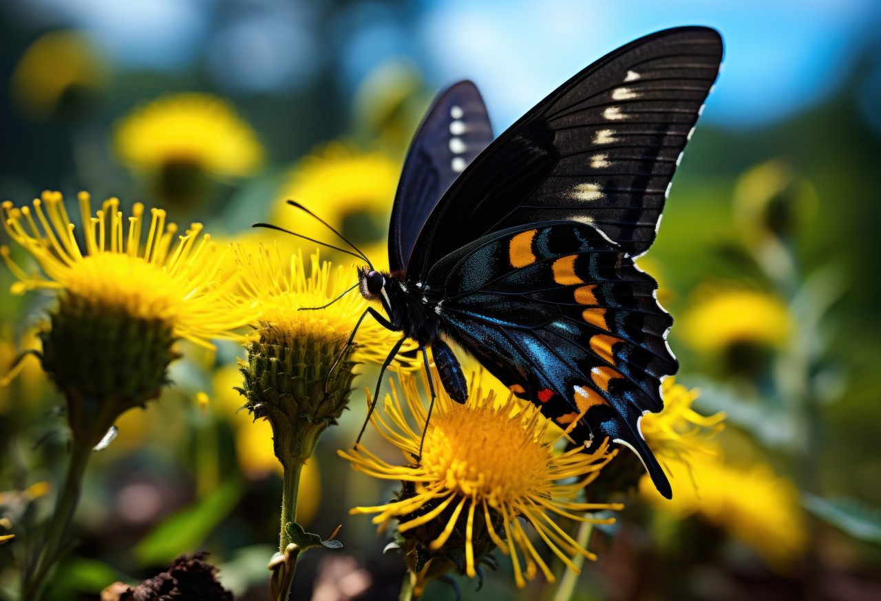 Beautiful butterfly resting gracefully on a yellow flower, insects and butterflies picture