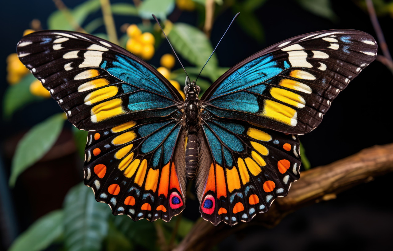 A vibrant butterfly resting on a branch, insects and butterflies image