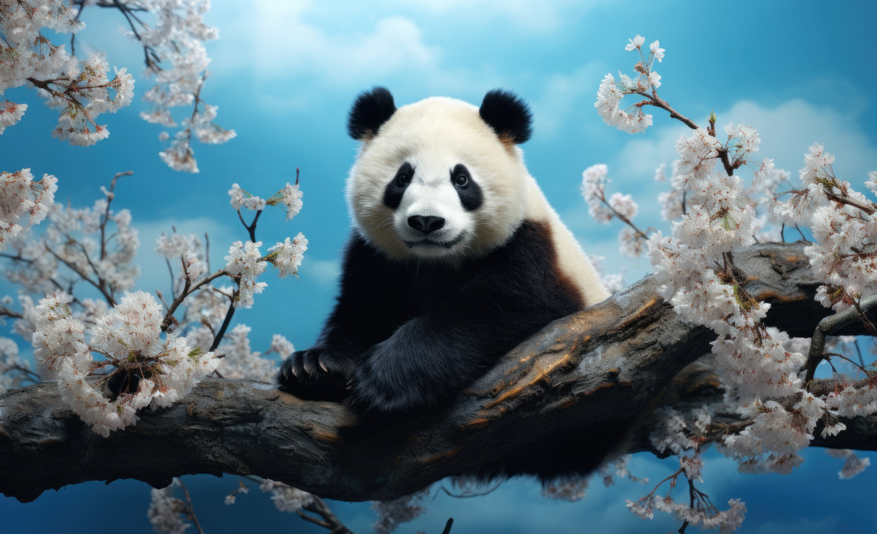 Adorable panda perched on a branch, rare and endangered species image