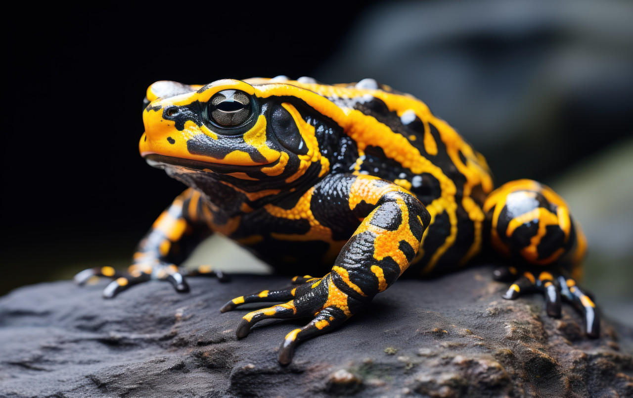 A frog with yellow and black colors perched on a rock, rare and endangered species picture