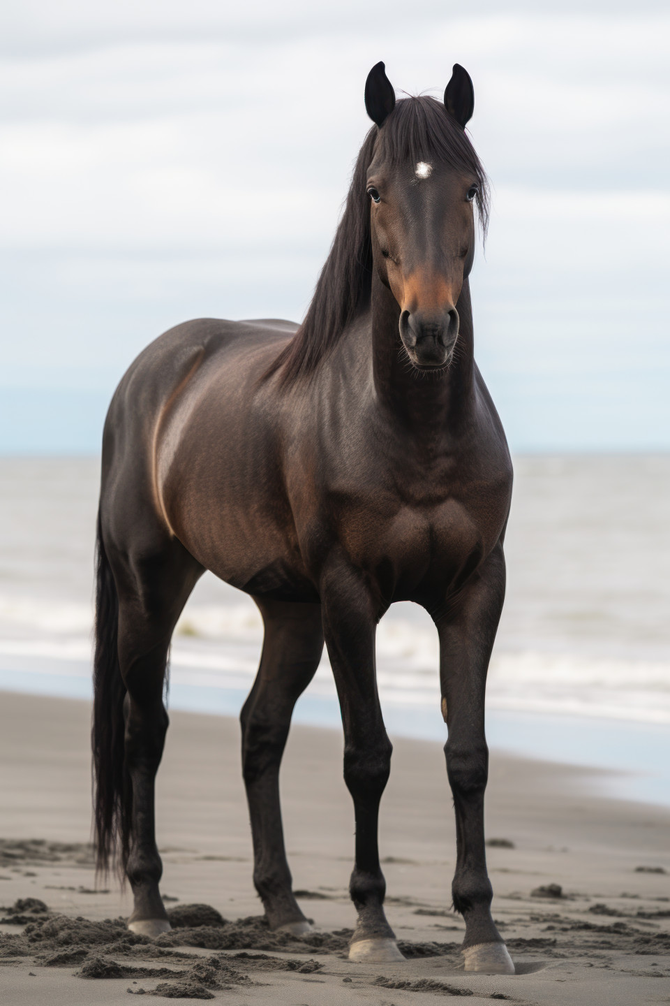 Majestic dark brown horse on a beach, horses concept