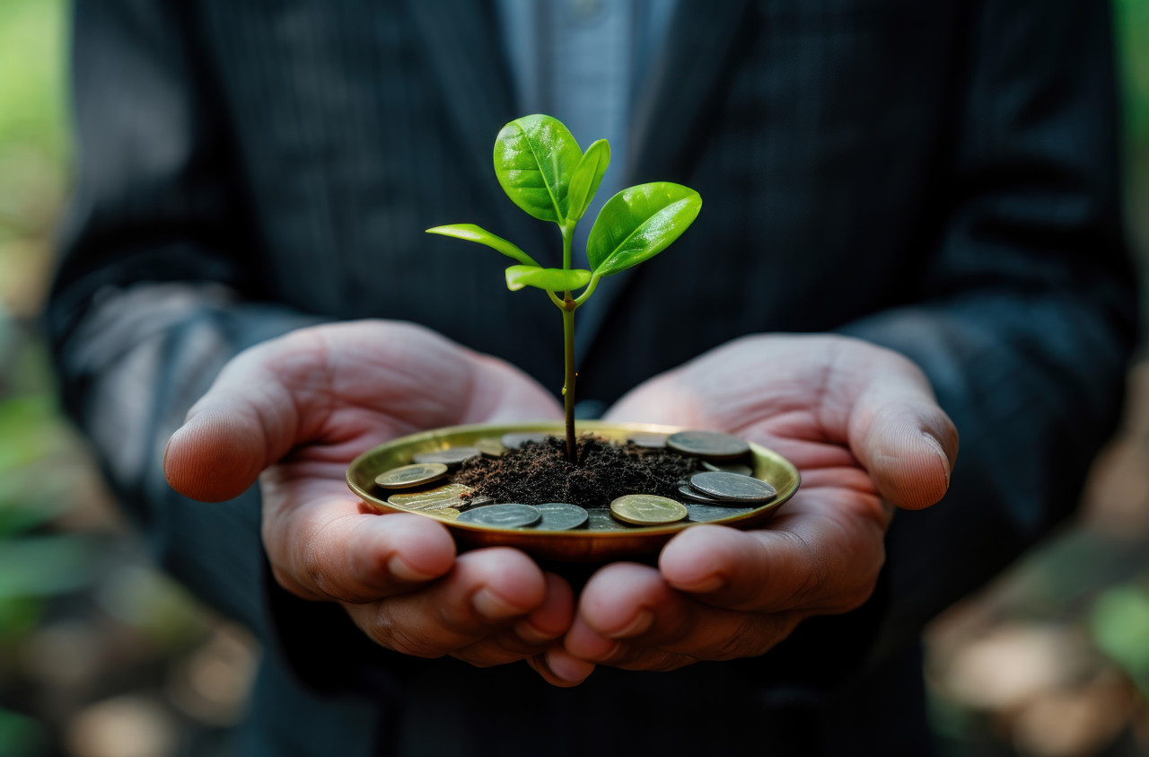 A businessman in a suit presents a tray of coins and a small green plant, accountability picture