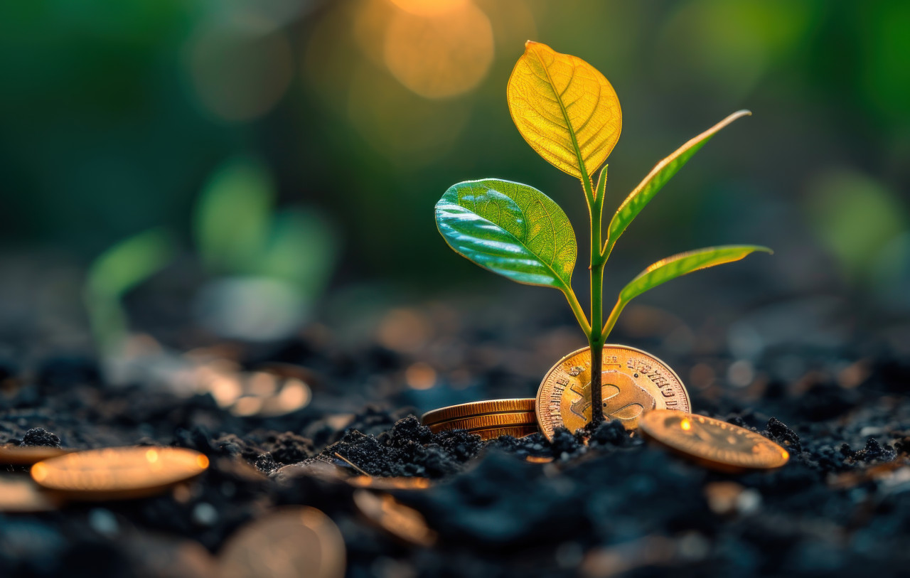 A growing plant from coins representing financial success and prosperity, responsibility concept