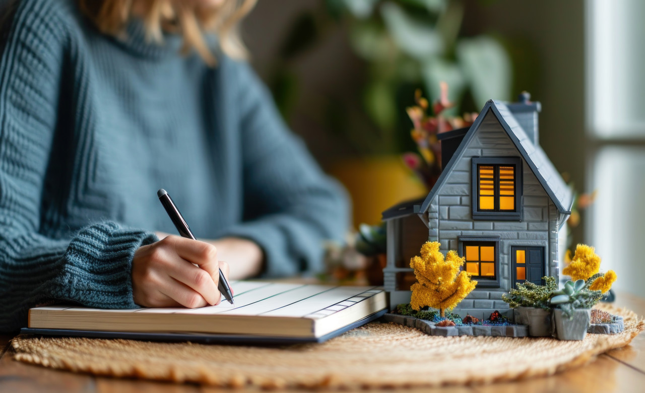 Woman writing on notebook beside toy house model, accountability concept