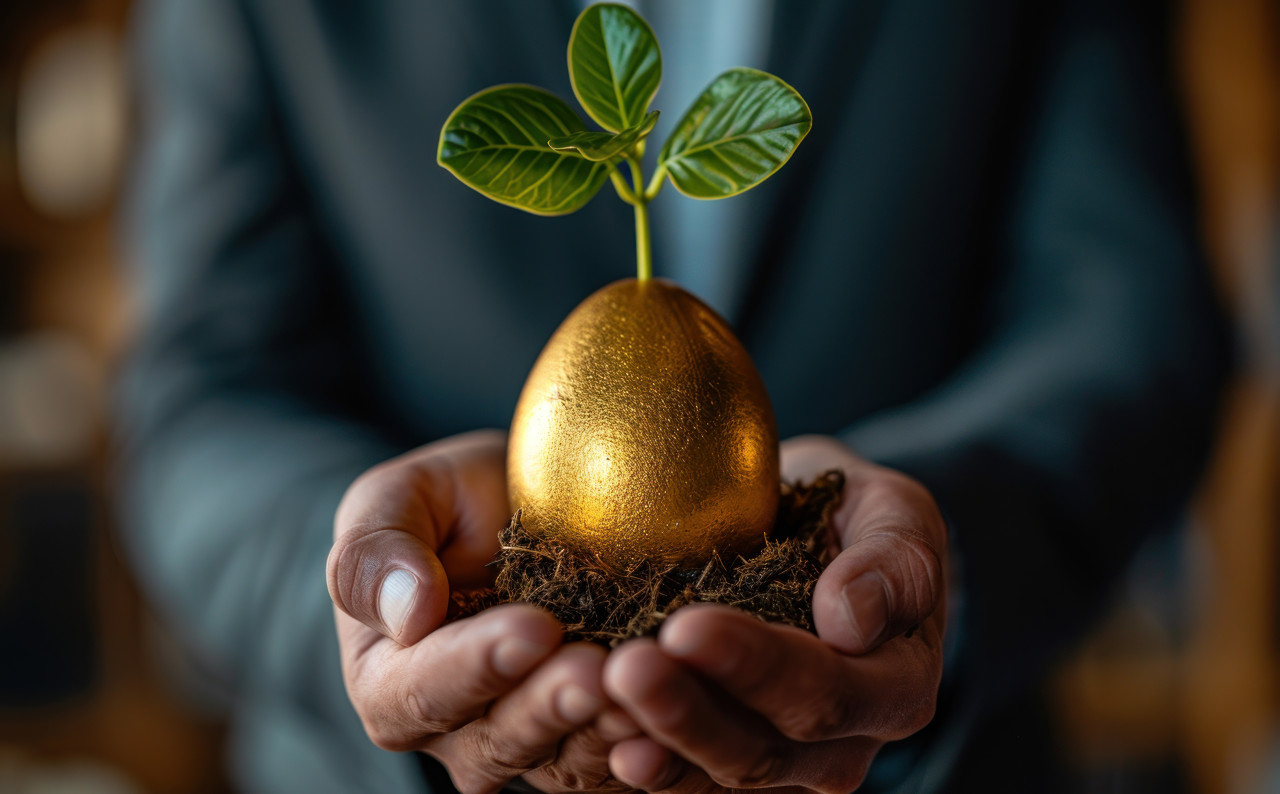 Businessman holding a golden egg with plant symbolizing growth and success, responsibility picture